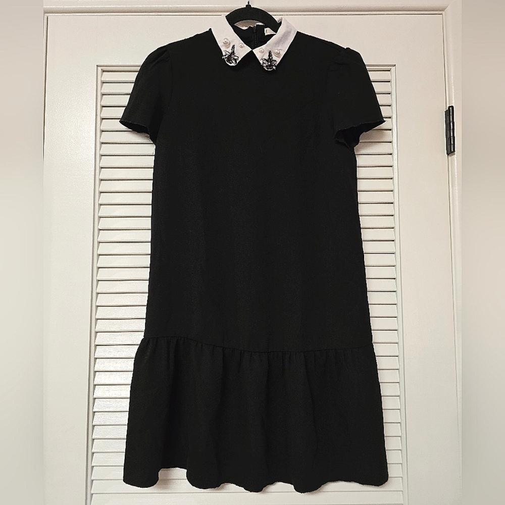 Mango - Black & White Embellished Gem Collar Short-Sleeve Dress With Back Zipper